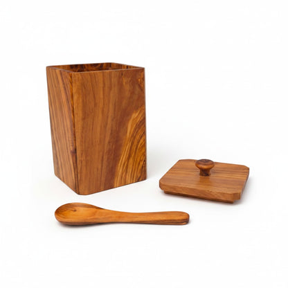 Handcrafted Olive Wood Square Salt Keeper - Wooden Spice Box Pots & Spoon