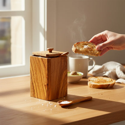 Handcrafted Olive Wood Square Salt Keeper - Wooden Spice Box Pots & Spoon