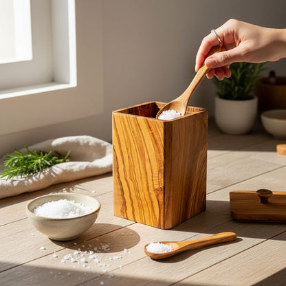 Handcrafted Olive Wood Square Salt Keeper - Wooden Spice Box Pots & Spoon