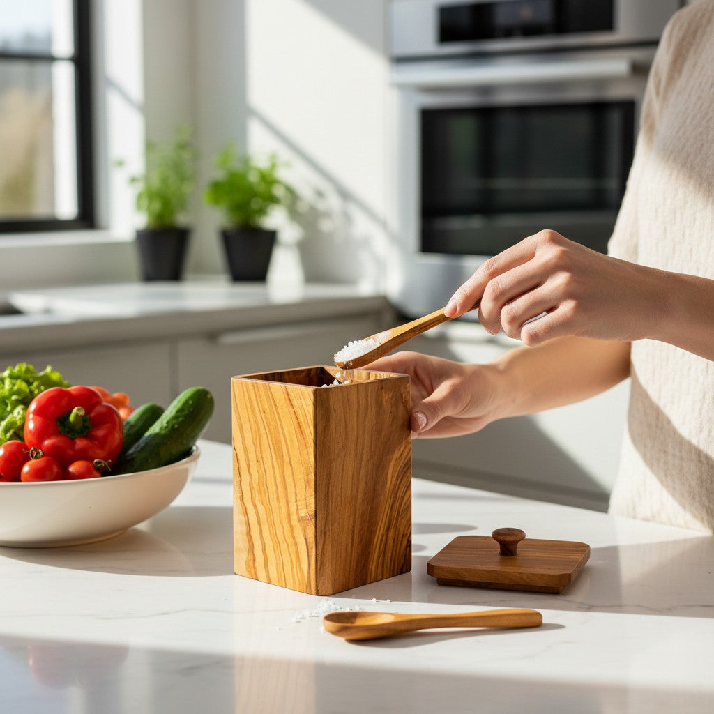 Handcrafted Olive Wood Square Salt Keeper - Wooden Spice Box Pots & Spoon