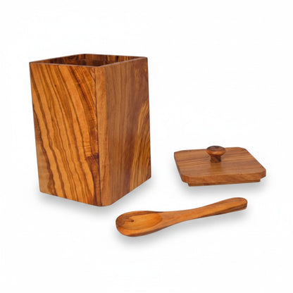Handcrafted Olive Wood Square Salt Keeper - Wooden Spice Box Pots & Spoon