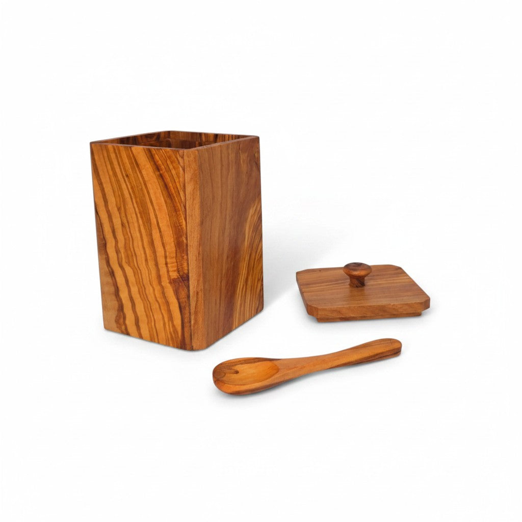 Handcrafted Olive Wood Square Salt Keeper - Wooden Spice Box Pots & Spoon