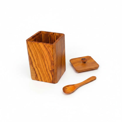 Handcrafted Olive Wood Square Salt Keeper - Wooden Spice Box Pots & Spoon