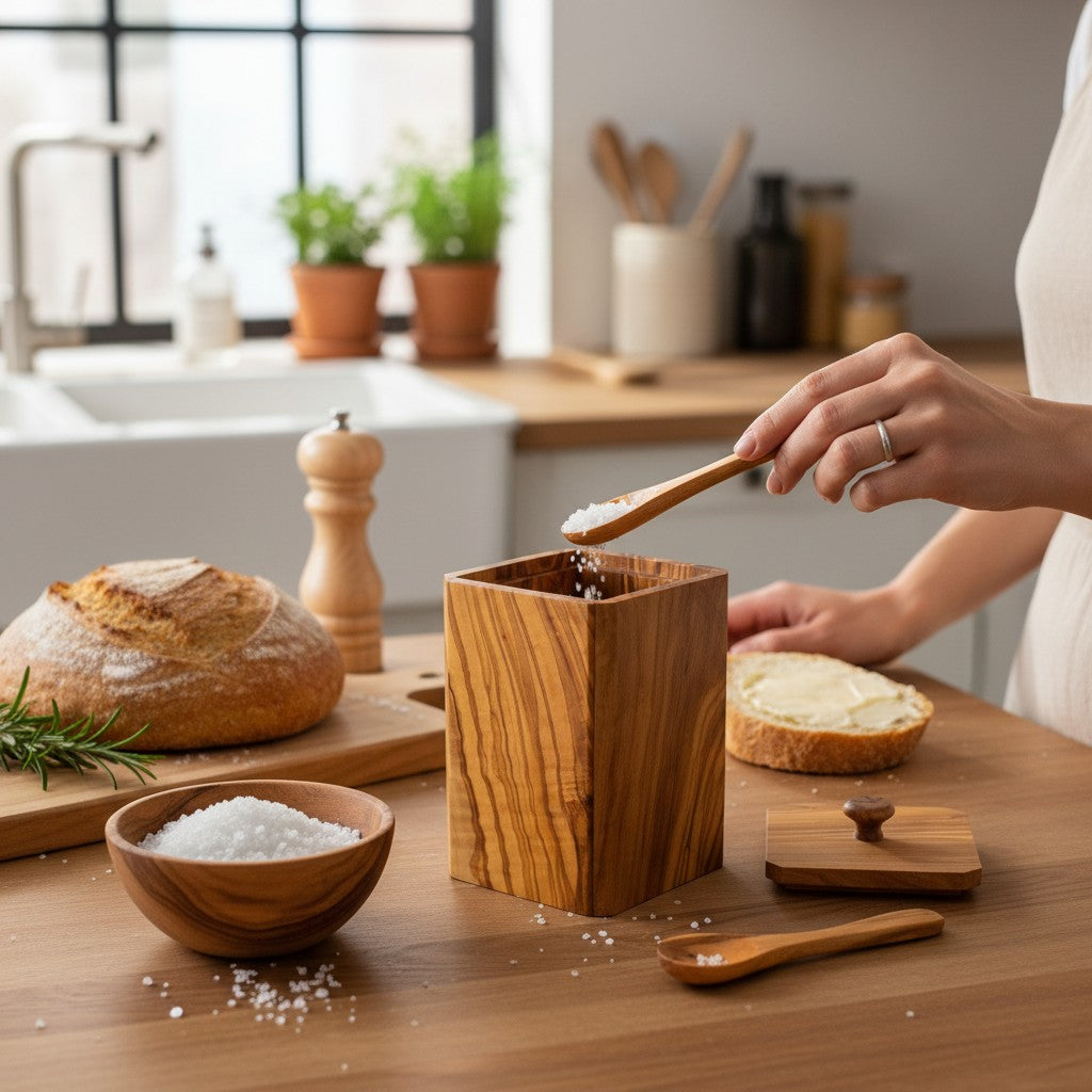 Handcrafted Olive Wood Square Salt Keeper - Wooden Spice Box Pots & Spoon