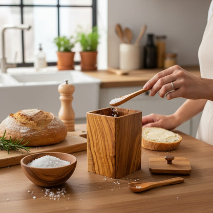 Handcrafted Olive Wood Square Salt Keeper - Wooden Spice Box Pots & Spoon
