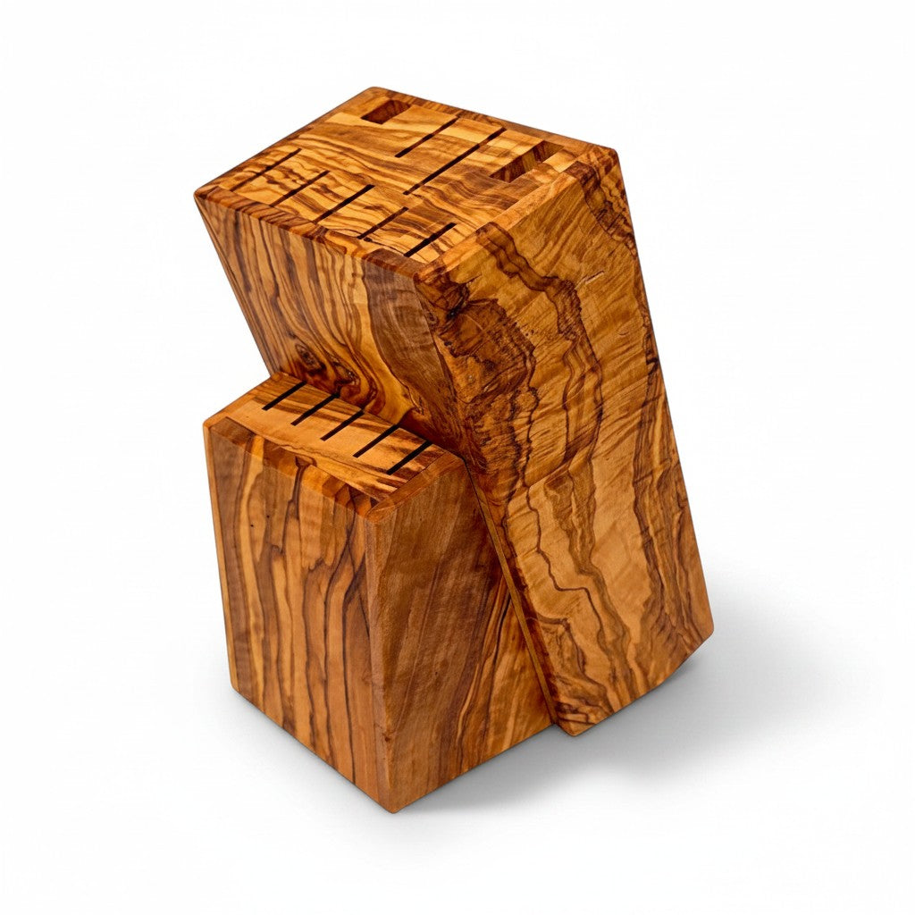 Handcrafted Olive Wood Knife Block Holder - Universal Countertop Organiser