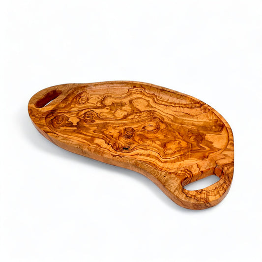 Olive Wood Irregular Shape Handcrafted Wooden Breakfast Serving Tray W/ Handles