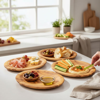 Handcrafted Olive Wood Round Plates - Matching 4pc Tapas & Appetizer Set