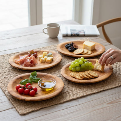 Handcrafted Olive Wood Round Plates - Matching 4pc Tapas & Appetizer Set