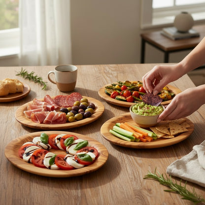 Handcrafted Olive Wood Round Plates - Matching 4pc Tapas & Appetizer Set