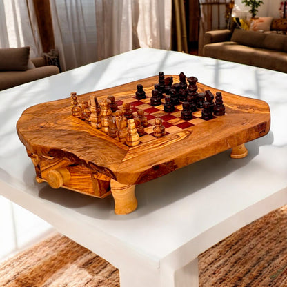 Olive Wood Wooden Handcrafted Chess Board Set W/ Pieces & Two Drawers - Perfect Unique Gift For Chess Lovers
