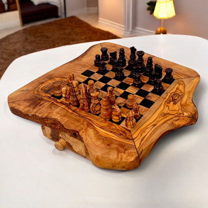Olive Wood Wooden Handcrafted Chess Board Set W/ Pieces & Two Drawers - Perfect Unique Gift For Chess Lovers