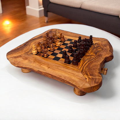 Olive Wood Wooden Handcrafted Chess Board Set W/ Pieces & Two Drawers - Perfect Unique Gift For Chess Lovers