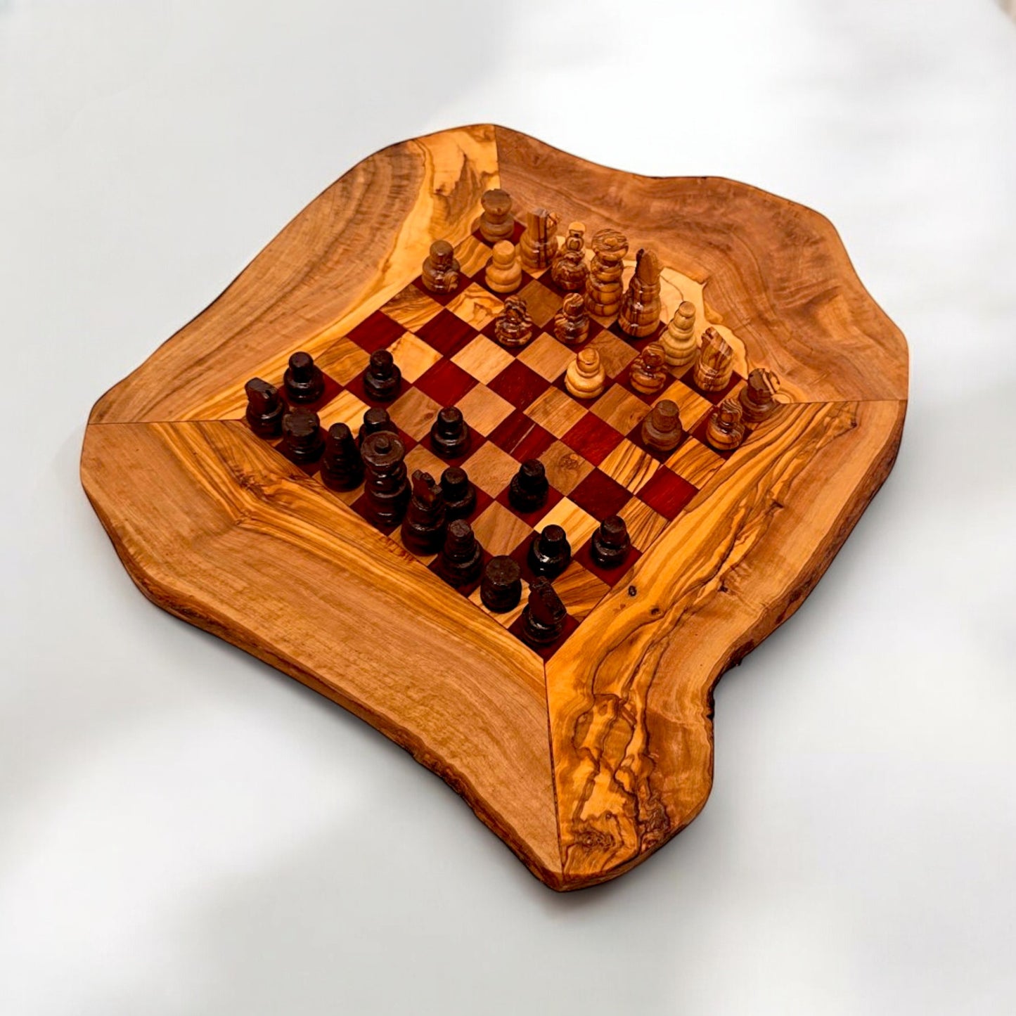 Olive Wood Handcrafted Rustic Shaped Wooden Chess Board Set With Pieces | Unique Gift Idea For Chess Lovers