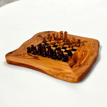 Olive Wood Handcrafted Rustic Shaped Wooden Chess Board Set With Pieces | Unique Gift Idea For Chess Lovers