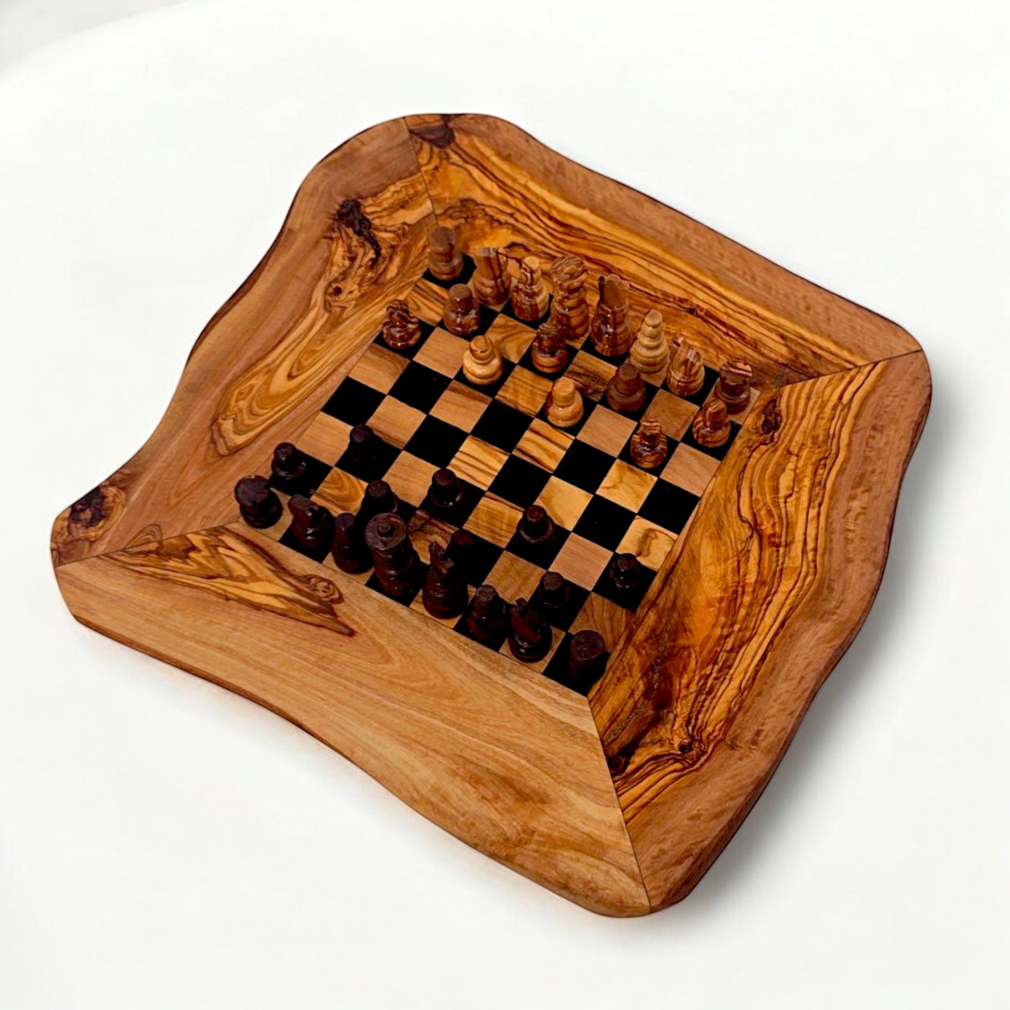Olive Wood Handcrafted Rustic Shaped Wooden Chess Board Set With Pieces | Unique Gift Idea For Chess Lovers