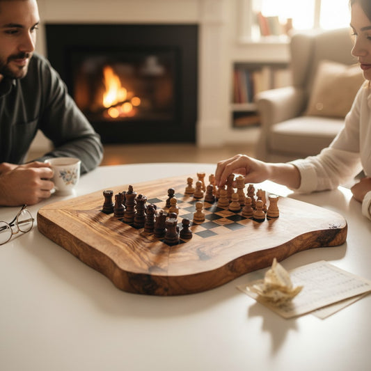 Handcrafted Olive Wood Chess Set | Red or Black Playing Area | Live Edge Board