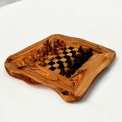 Olive Wood Handcrafted Rustic Shaped Wooden Chess Board Set With Pieces | Unique Gift Idea For Chess Lovers