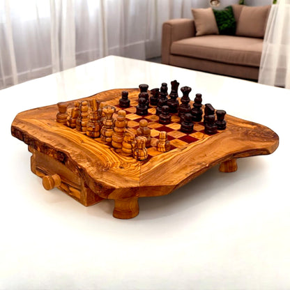 Olive Wood Wooden Handcrafted Chess Board Set W/ Pieces & Two Drawers - Perfect Unique Gift For Chess Lovers