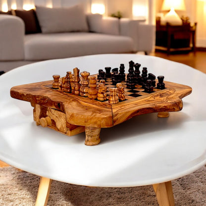 Olive Wood Wooden Handcrafted Chess Board Set W/ Pieces & Two Drawers - Perfect Unique Gift For Chess Lovers