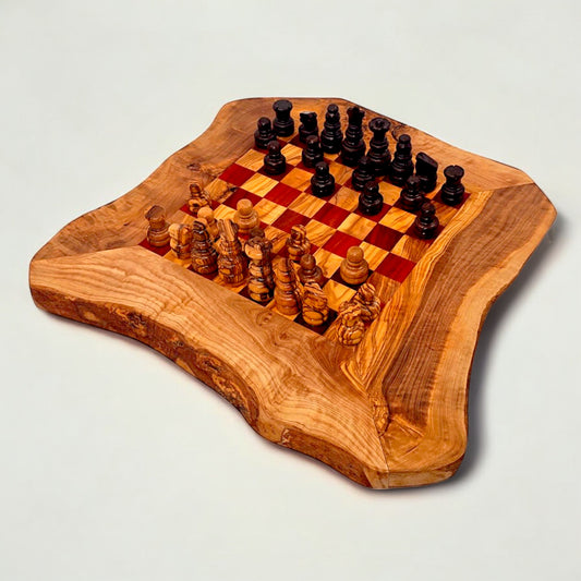 Olive Wood Handcrafted Rustic Shaped Wooden Chess Board Set With Pieces | Unique Gift Idea For Chess Lovers