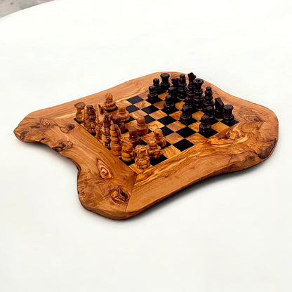 Olive Wood Handcrafted Rustic Shaped Wooden Chess Board Set With Pieces | Unique Gift Idea For Chess Lovers