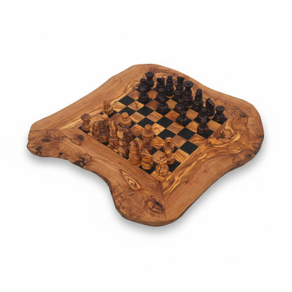 Handcrafted Olive Wood Chess Set | Red or Black Playing Area | Live Edge Board