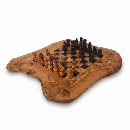 Handcrafted Olive Wood Chess Set | Red or Black Playing Area | Live Edge Board