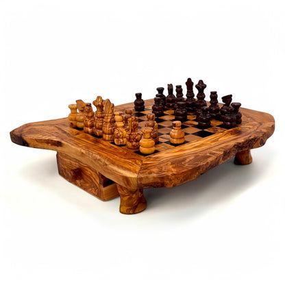 Olive Wood Wooden Handcrafted Chess Board Set W/ Pieces & Two Drawers - Perfect Unique Gift For Chess Lovers