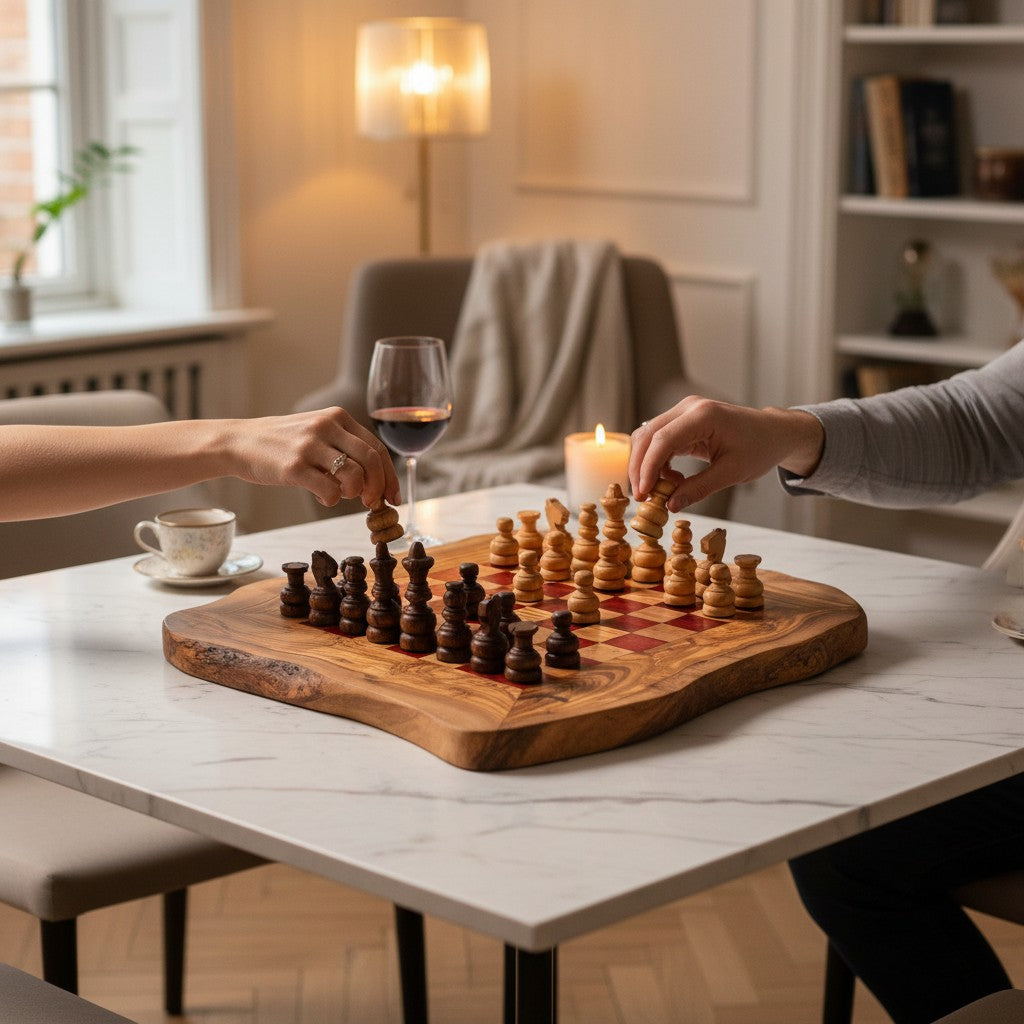 Handcrafted Olive Wood Chess Set | Red or Black Playing Area | Live Edge Board