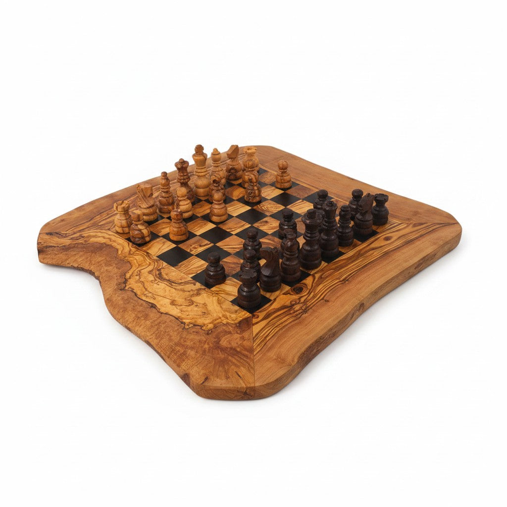 Handcrafted Olive Wood Chess Set | Red or Black Playing Area | Live Edge Board