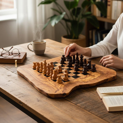 Handcrafted Olive Wood Chess Set | Red or Black Playing Area | Live Edge Board