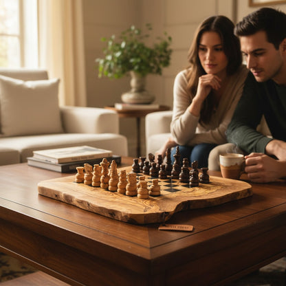Handcrafted Olive Wood Chess Set | Red or Black Playing Area | Live Edge Board