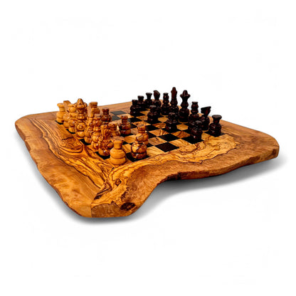 Olive Wood Handcrafted Rustic Shaped Wooden Chess Board Set With Pieces | Unique Gift Idea For Chess Lovers