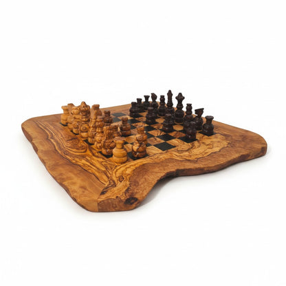 Handcrafted Olive Wood Chess Set | Red or Black Playing Area | Live Edge Board