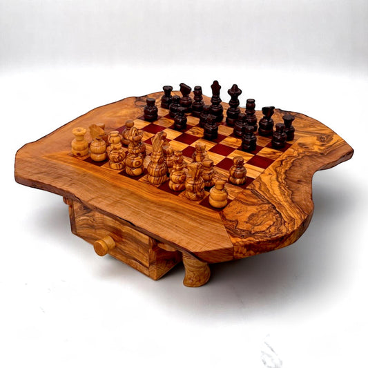 Olive Wood Wooden Handcrafted Chess Board Set W/ Pieces & Two Drawers - Perfect Unique Gift For Chess Lovers