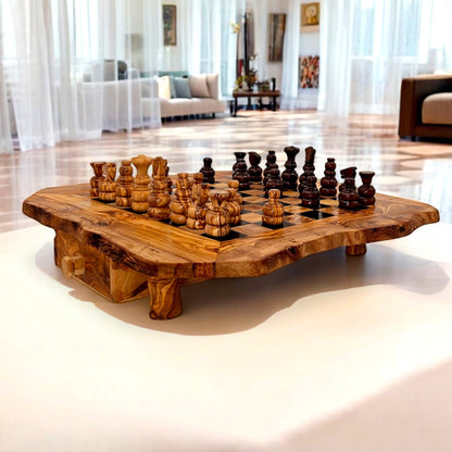 Olive Wood Wooden Handcrafted Chess Board Set W/ Pieces & Two Drawers - Perfect Unique Gift For Chess Lovers