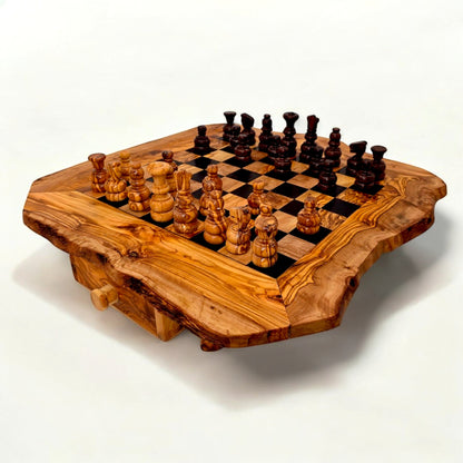 Olive Wood Wooden Handcrafted Chess Board Set W/ Pieces & Two Drawers - Perfect Unique Gift For Chess Lovers