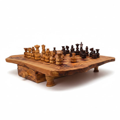 Handcrafted Olive Wood Chess Set with Drawer | Live Edge Red or Black Board