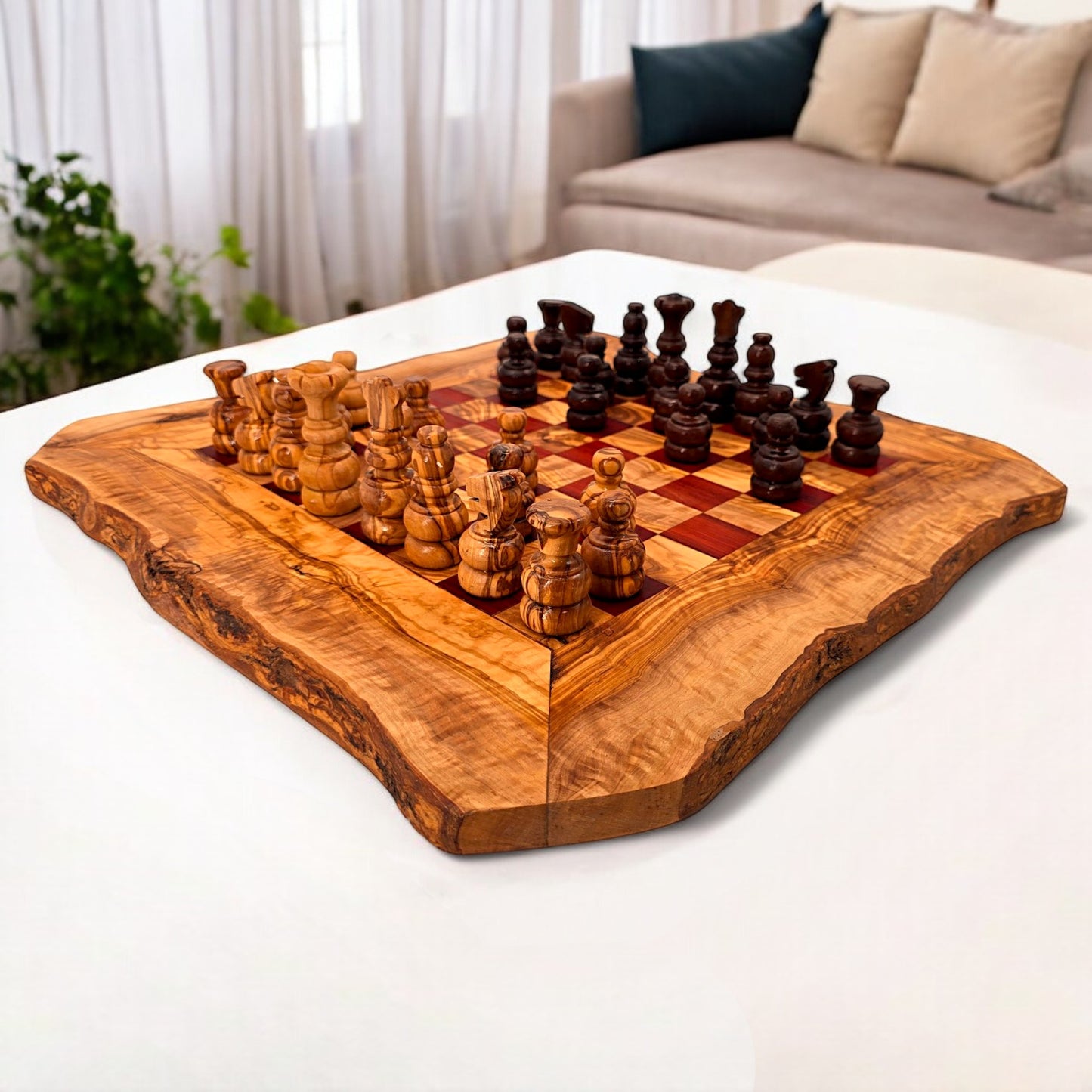 Olive Wood Handcrafted Rustic Shaped Wooden Chess Board Set With Pieces | Unique Gift Idea For Chess Lovers