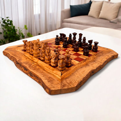 Olive Wood Handcrafted Rustic Shaped Wooden Chess Board Set With Pieces | Unique Gift Idea For Chess Lovers