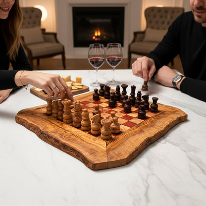 Handcrafted Olive Wood Chess Set | Red or Black Playing Area | Live Edge Board