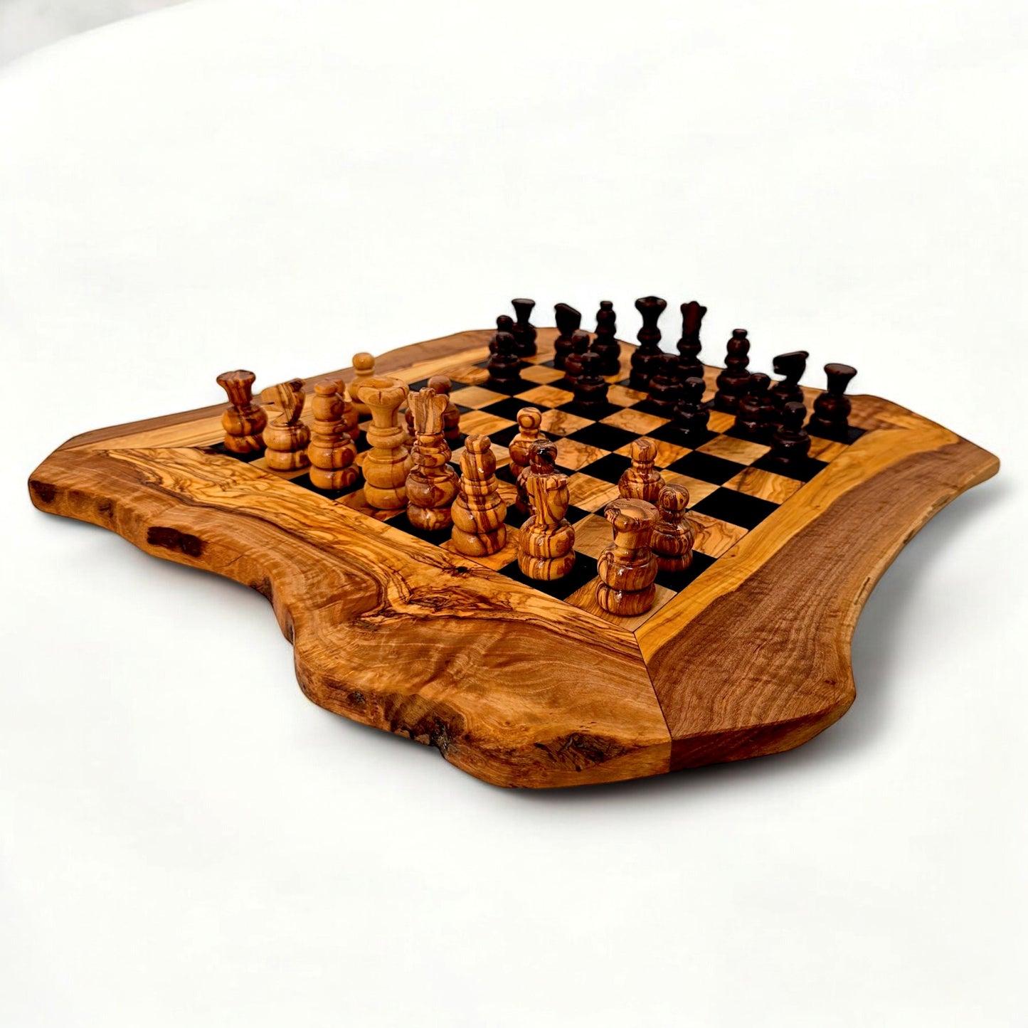 Olive Wood Handcrafted Rustic Shaped Wooden Chess Board Set With Pieces | Unique Gift Idea For Chess Lovers