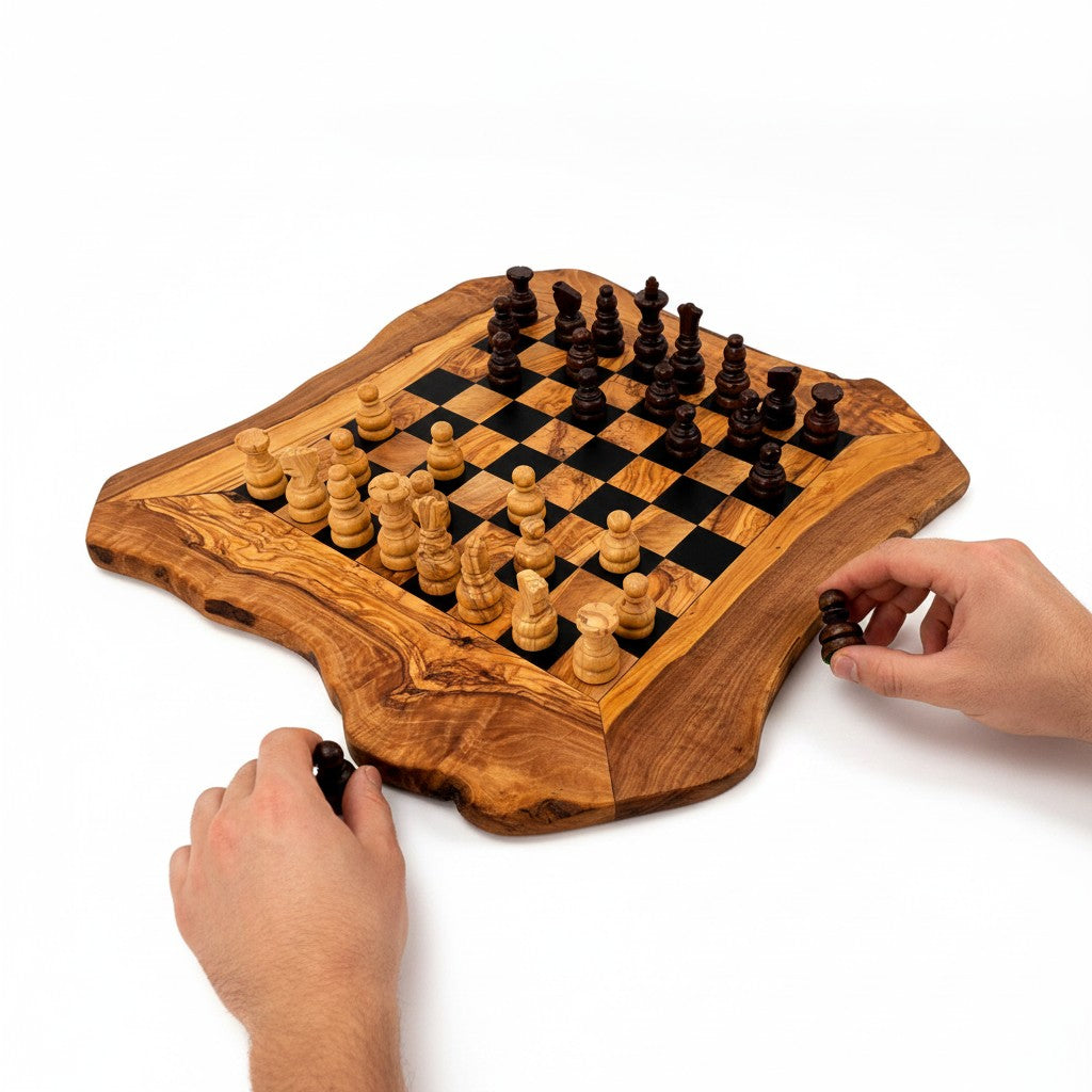 Handcrafted Olive Wood Chess Set | Red or Black Playing Area | Live Edge Board