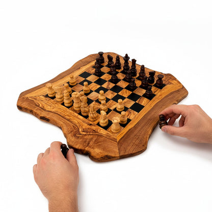 Handcrafted Olive Wood Chess Set | Red or Black Playing Area | Live Edge Board