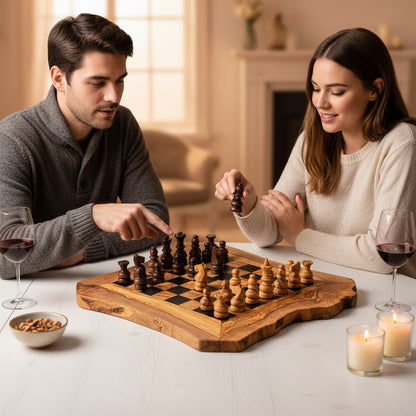 Handcrafted Olive Wood Chess Set | Red or Black Playing Area | Live Edge Board