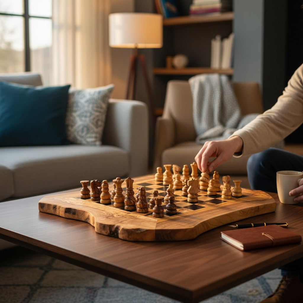 Handcrafted Olive Wood Chess Set | Red or Black Playing Area | Live Edge Board