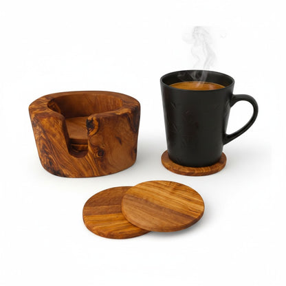 Handcrafted Olive Wood Coaster Set - Rustic Round Drink Coasters with Holder