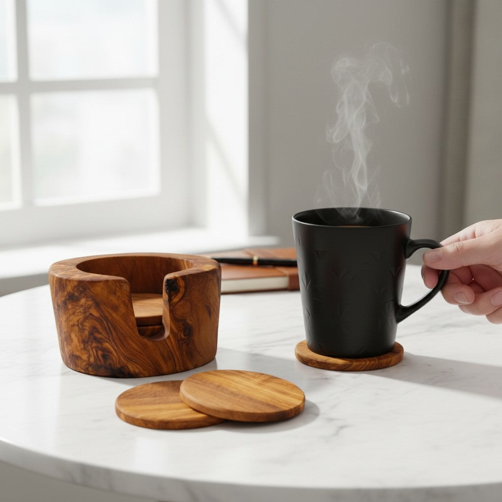 Handcrafted Olive Wood Coaster Set - Rustic Round Drink Coasters with Holder