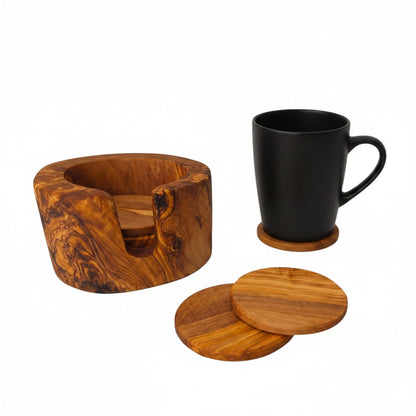 Handcrafted Olive Wood Coaster Set - Rustic Round Drink Coasters with Holder